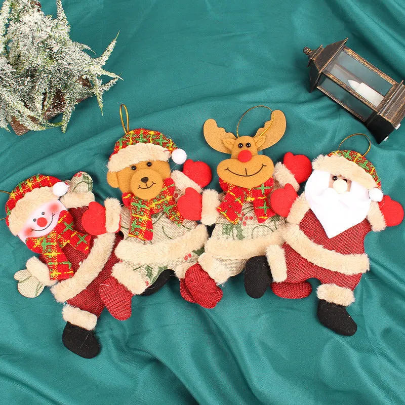 Set of four Christmas tree ornaments featuring Santa, snowman, reindeer and bear figures with red and white scarves