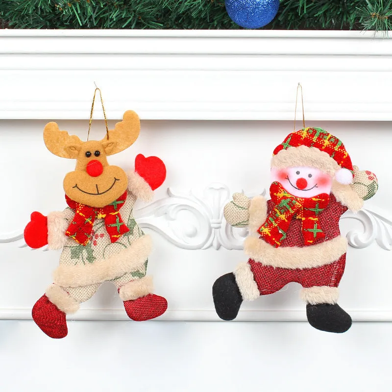 Set of four Christmas tree ornaments featuring Santa, snowman, reindeer and bear figures with red and white scarves