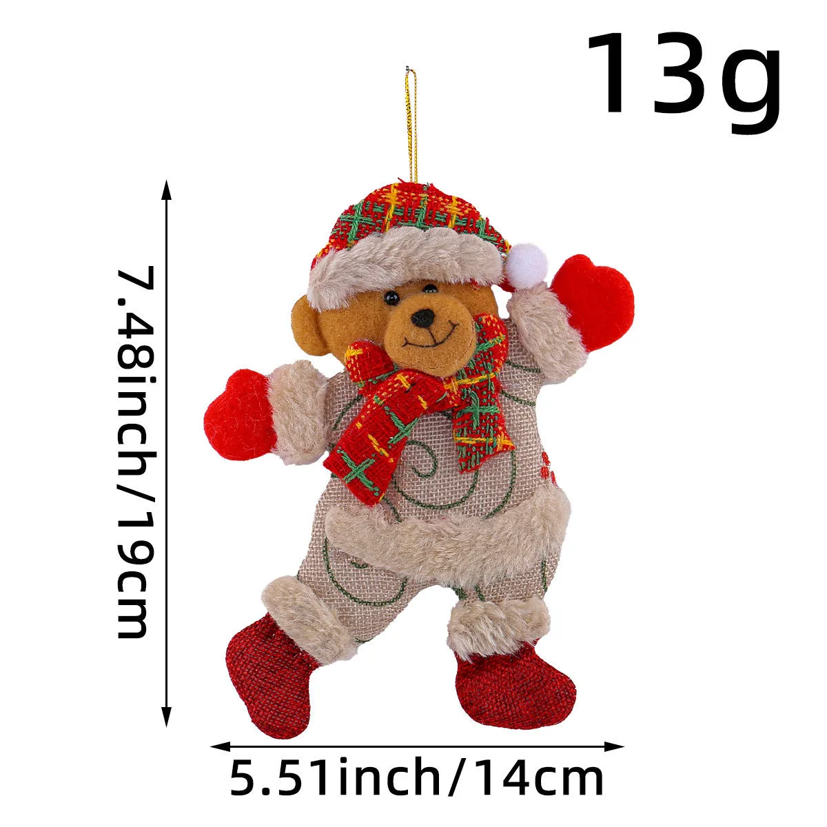 Set of four Christmas tree ornaments featuring Santa, snowman, reindeer and bear figures with red and white scarves