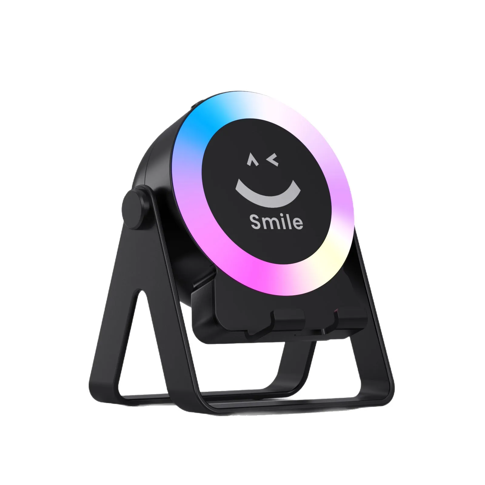 Black or white induction bracket wireless Bluetooth speaker with rechargeable battery and lighting features.
