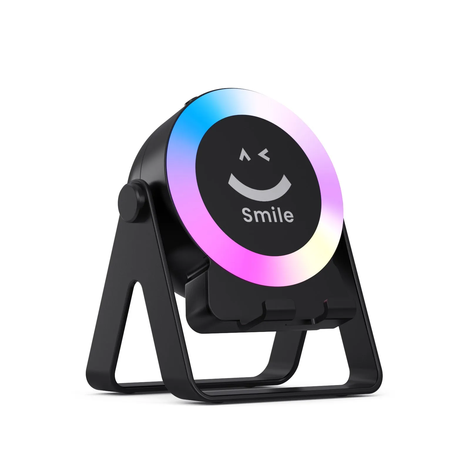 Black or white induction bracket wireless Bluetooth speaker with rechargeable battery and lighting features.