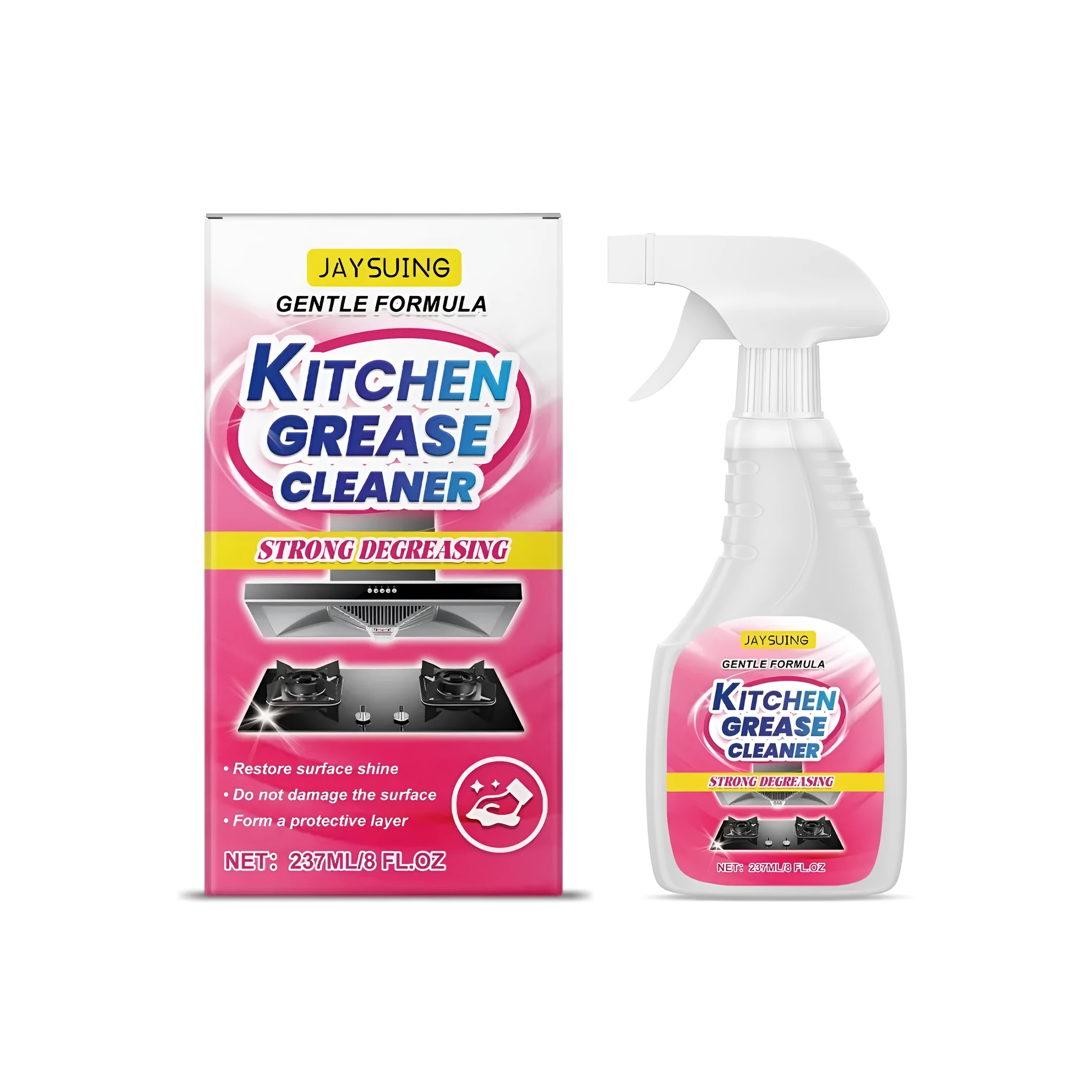 237ml bottle of citrus-scented heavy duty kitchen grease cleaner spray.