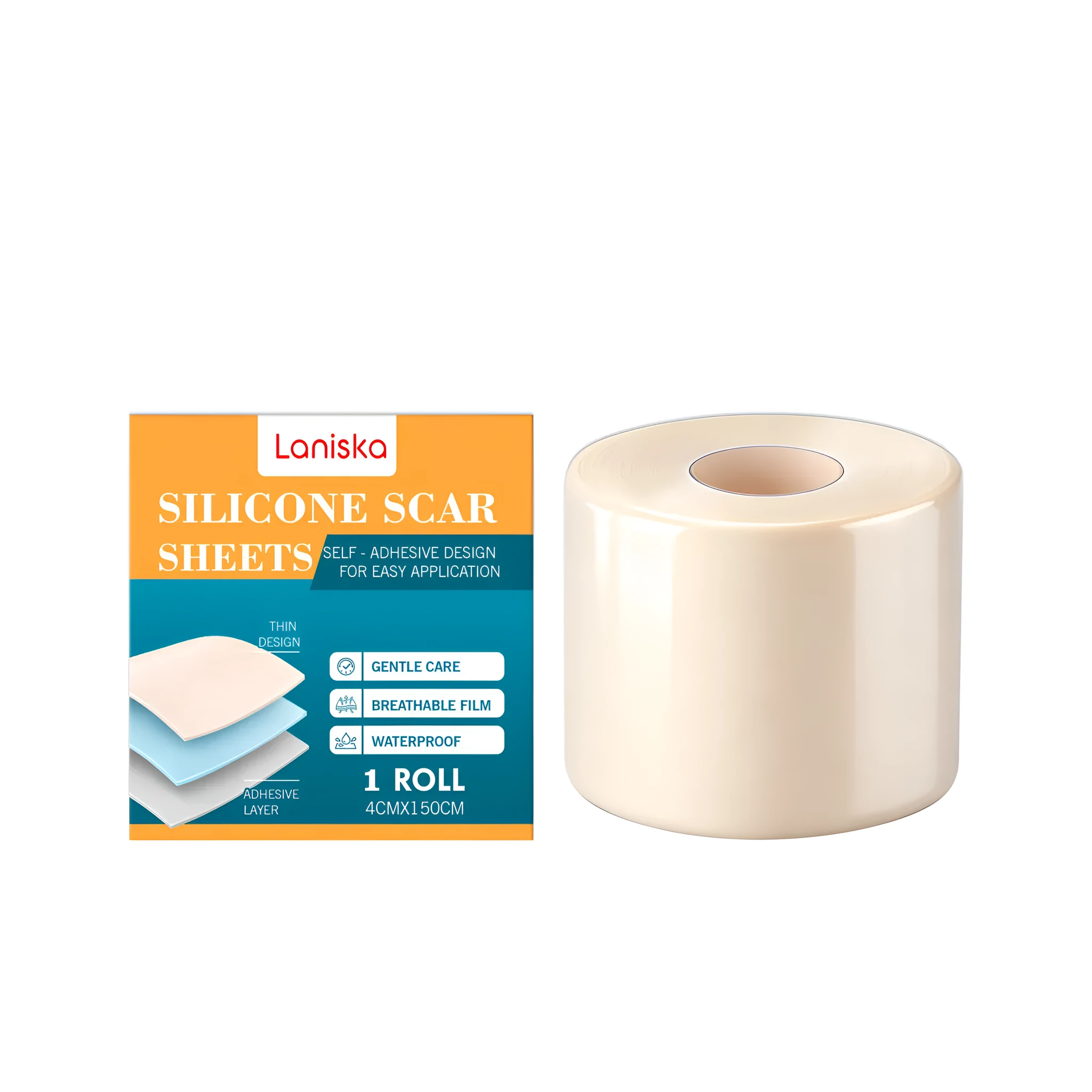 Silicone scar patch roll with cut pieces showing waterproof adhesive backing