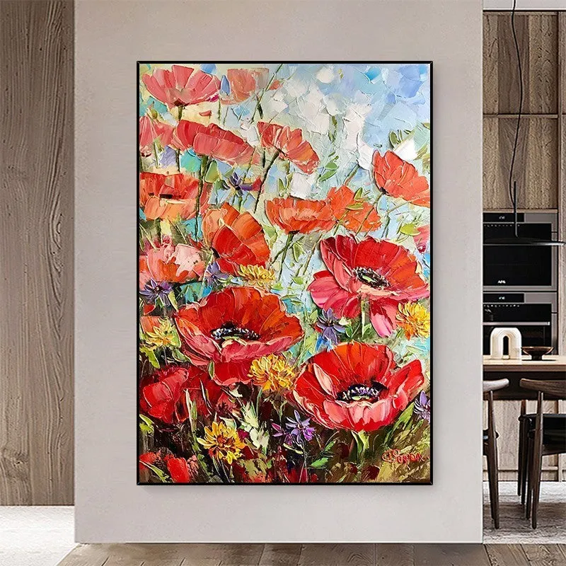Handmade oil painting of thick red flowers on unframed canvas, vertical orientation, modern style