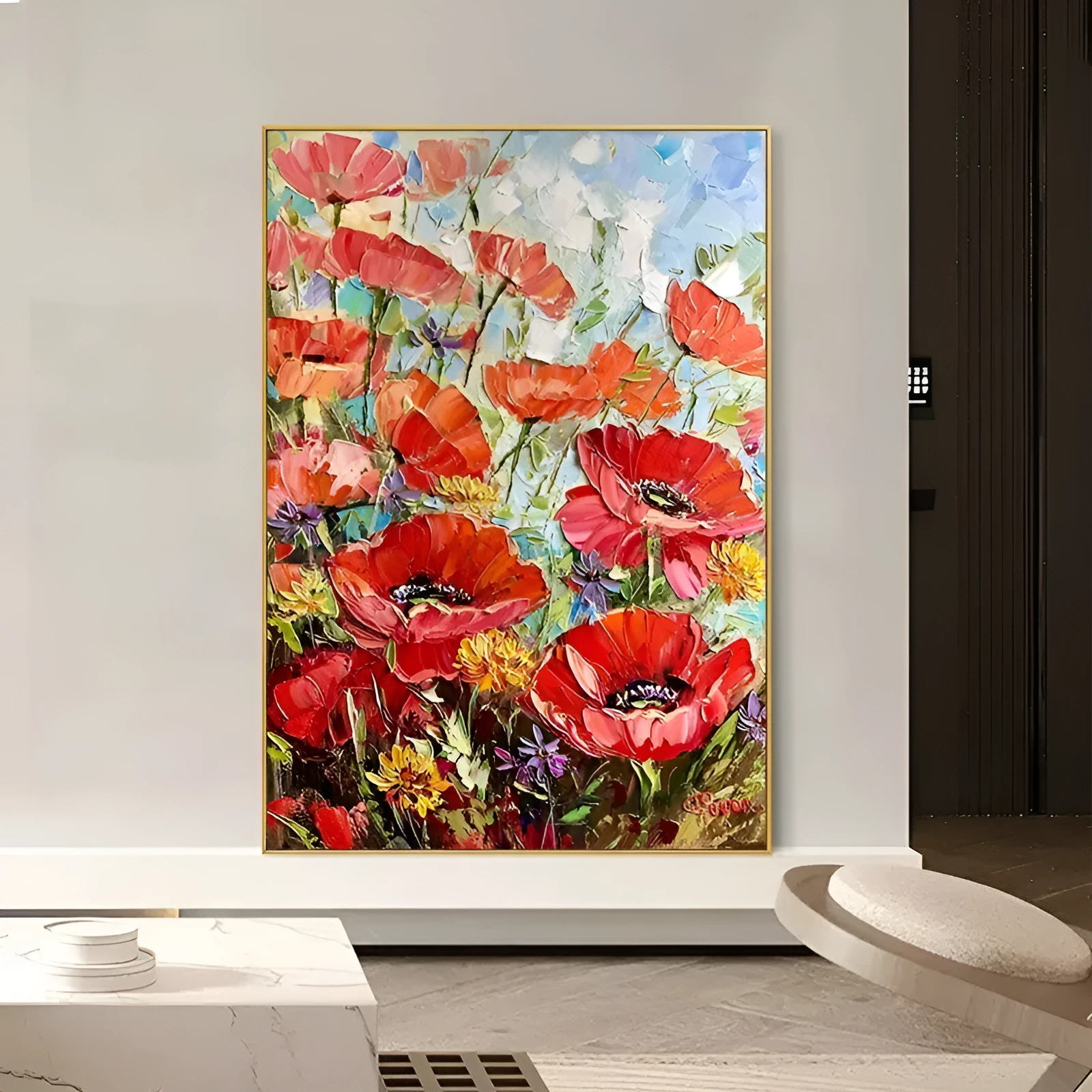 Handmade oil painting of thick red flowers on unframed canvas, vertical orientation, modern style