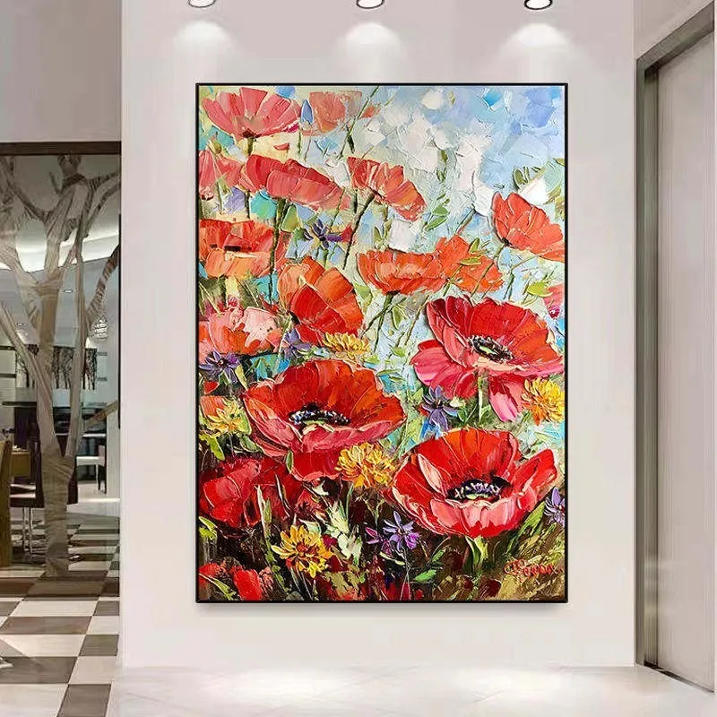 Handmade oil painting of thick red flowers on unframed canvas, vertical orientation, modern style