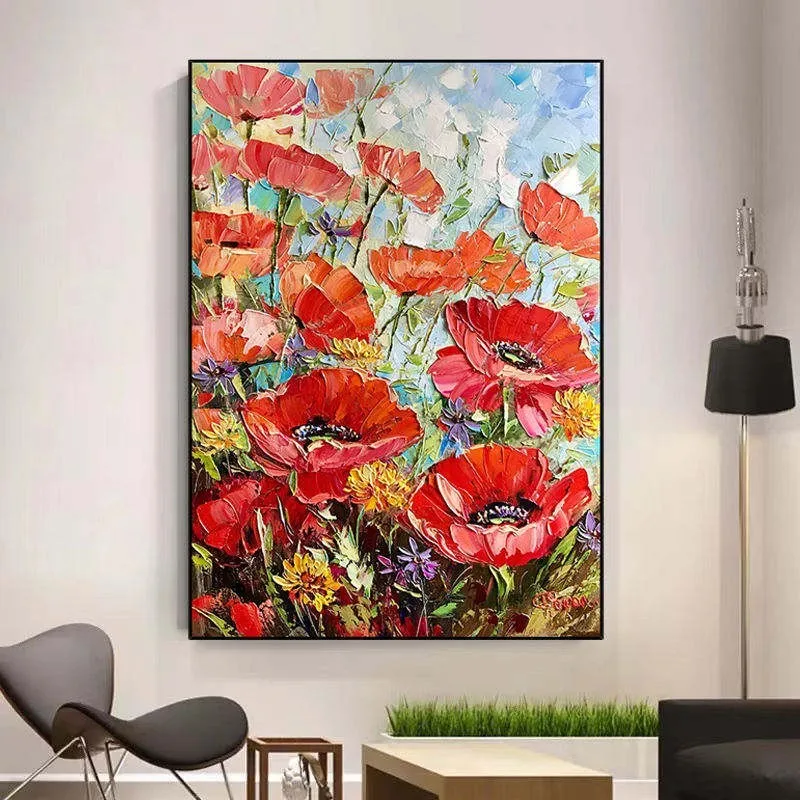 Handmade oil painting of thick red flowers on unframed canvas, vertical orientation, modern style