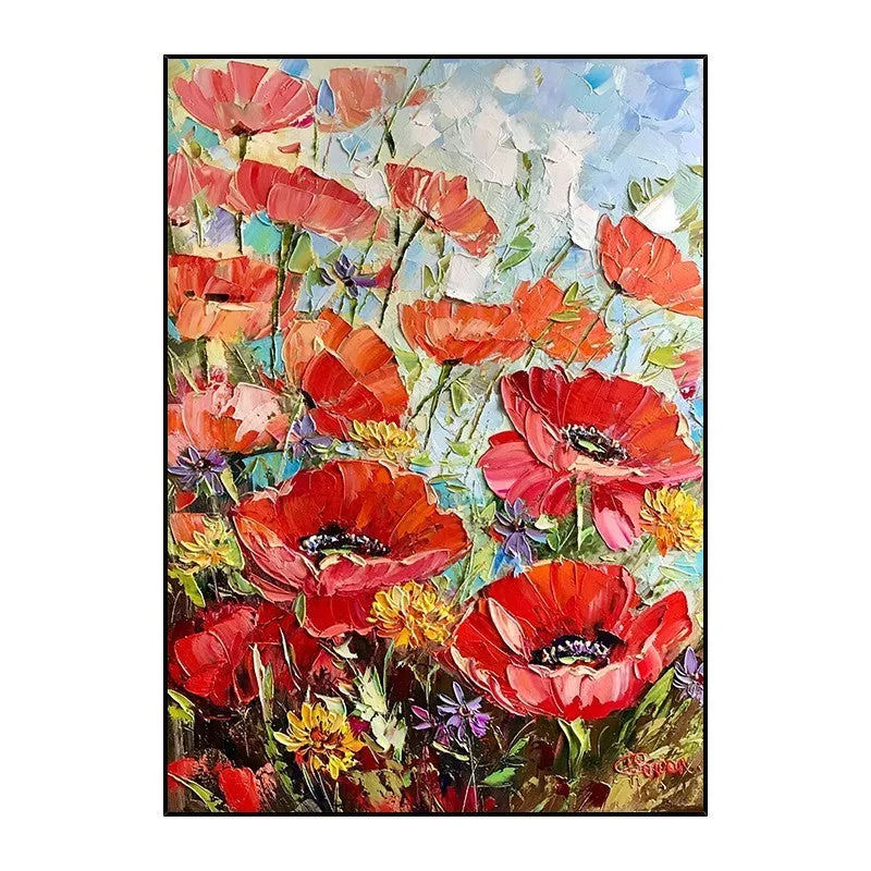 Handmade oil painting of thick red flowers on unframed canvas, vertical orientation, modern style