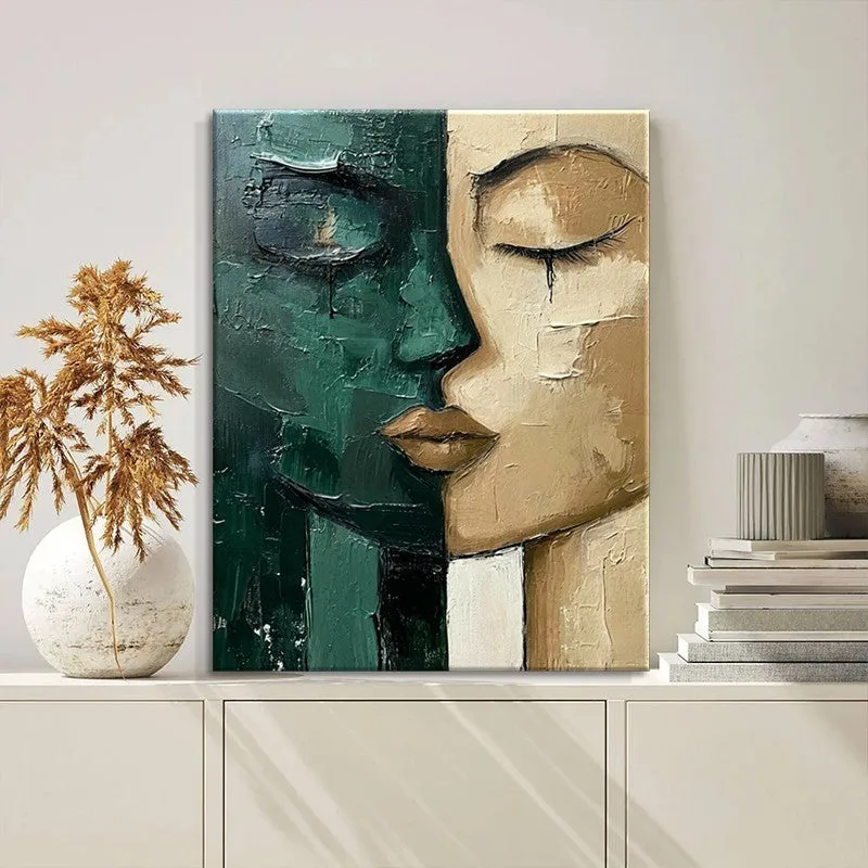 Hand-painted oil painting modern art green and beige abstract face on canvas wall decor for living room
