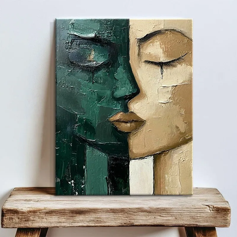 Hand-painted oil painting modern art green and beige abstract face on canvas wall decor for living room