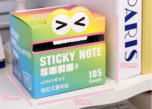 Box of pearl gradient transparent pull-out sticky notes showing six colour variations.
