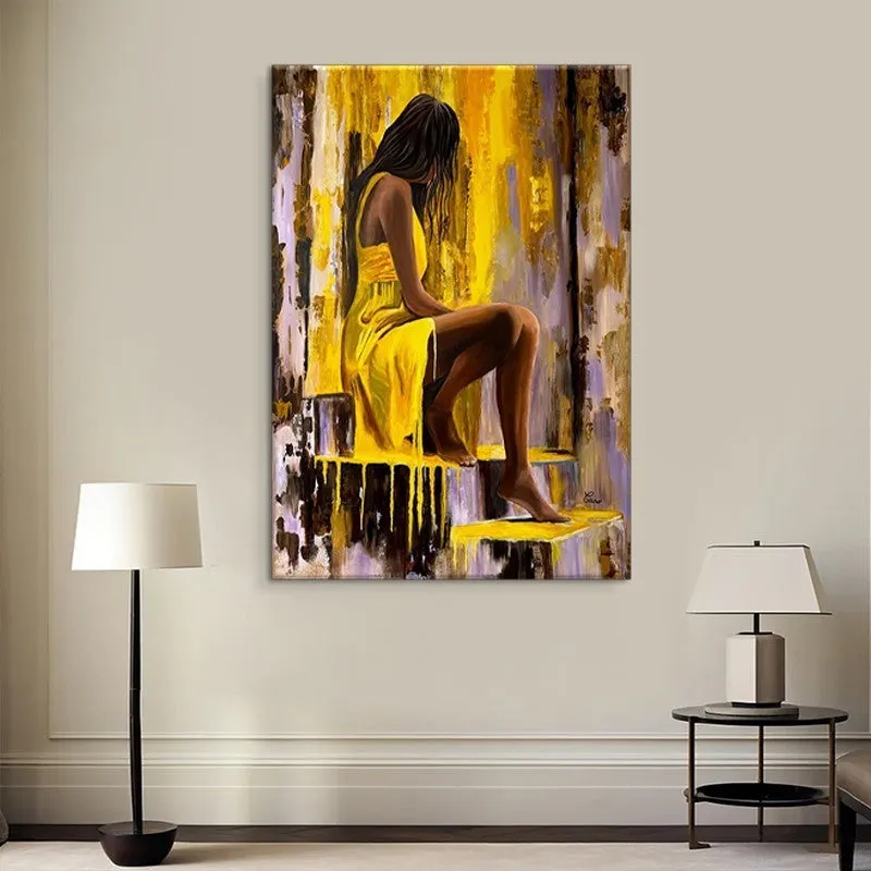 Hand-painted oil painting of a girl in a yellow dress on vertical canvas for living room wall decor