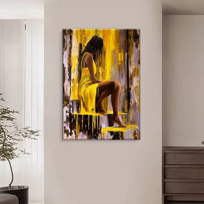 Hand-painted oil painting of a girl in a yellow dress on vertical canvas for living room wall decor