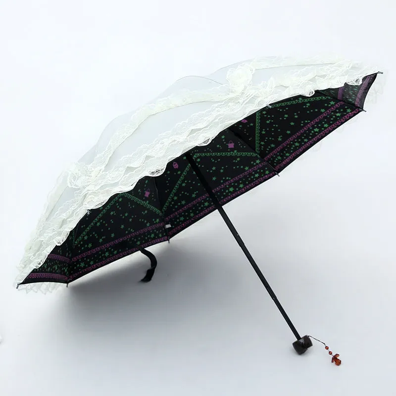 Four-layer lace sunscreen tri-fold umbrella with manual open steel frame in black