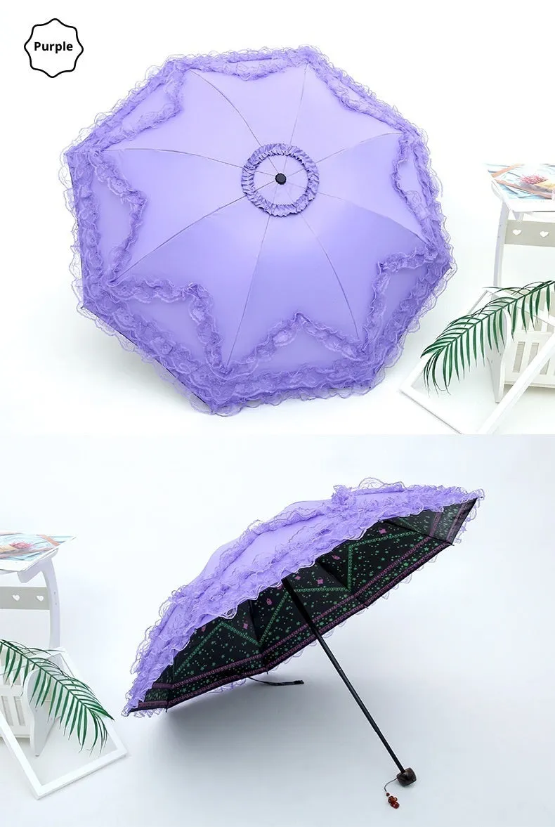 Four-layer lace sunscreen tri-fold umbrella with manual open steel frame in black