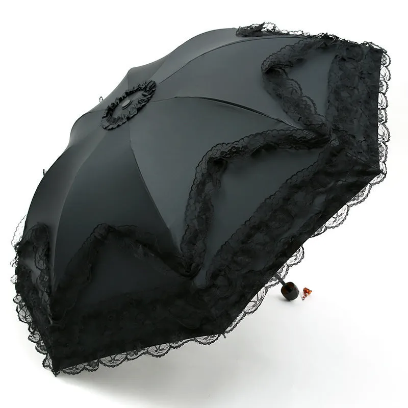 Four-layer lace sunscreen tri-fold umbrella with manual open steel frame in black