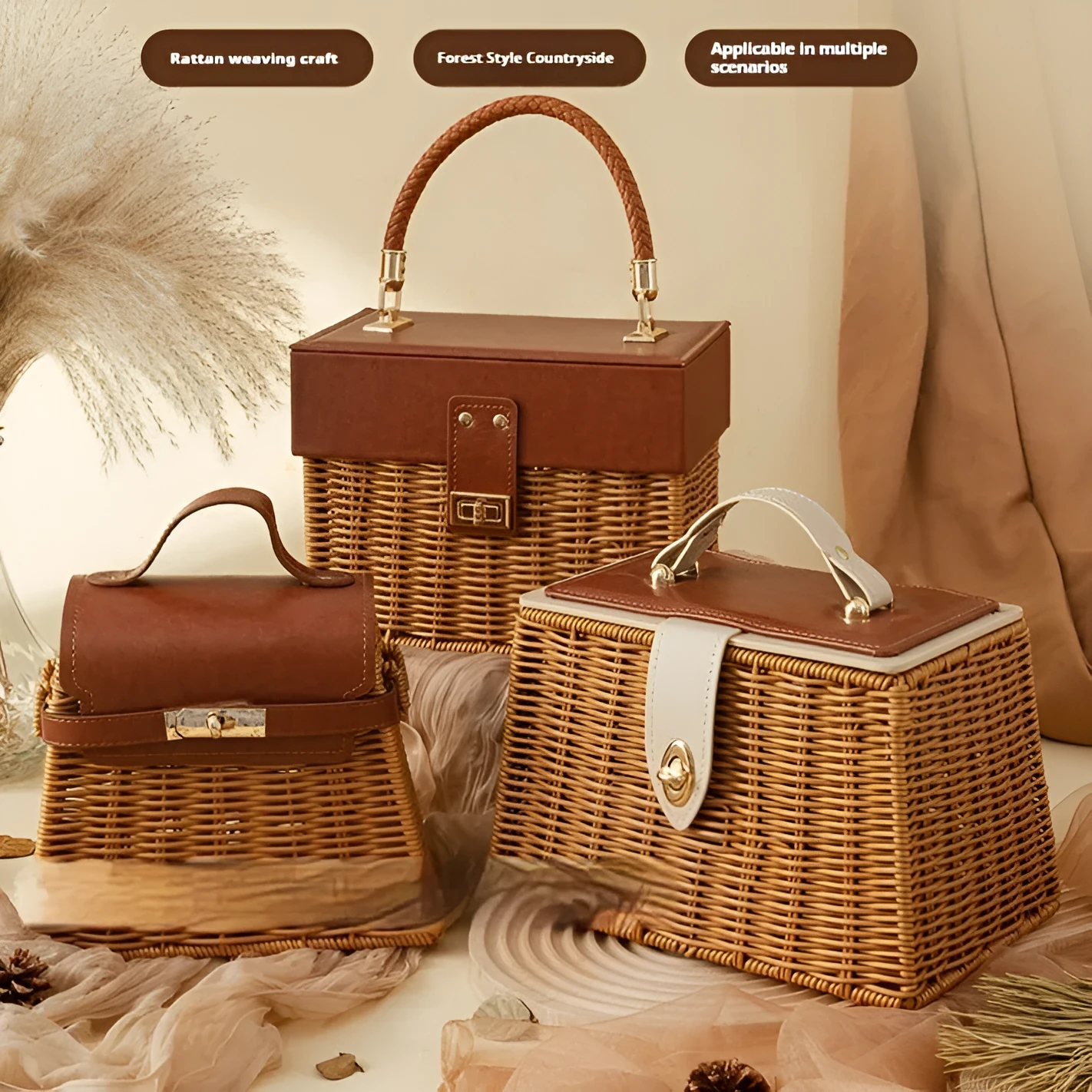 Hand-woven rattan and bamboo gift box with natural weave texture, available in small or large size