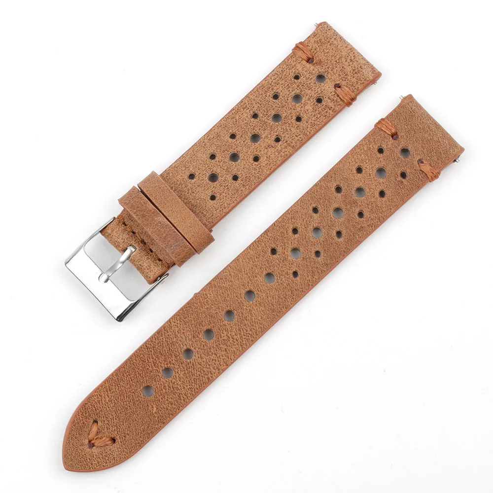 Handmade retro genuine leather watch band with white stitching on brown leather, 20mm width