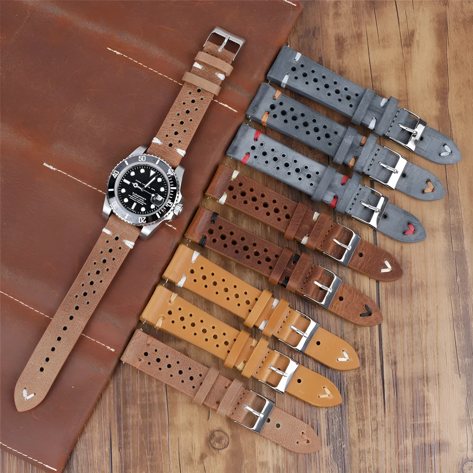 Handmade retro genuine leather watch band with white stitching on brown leather, 20mm width