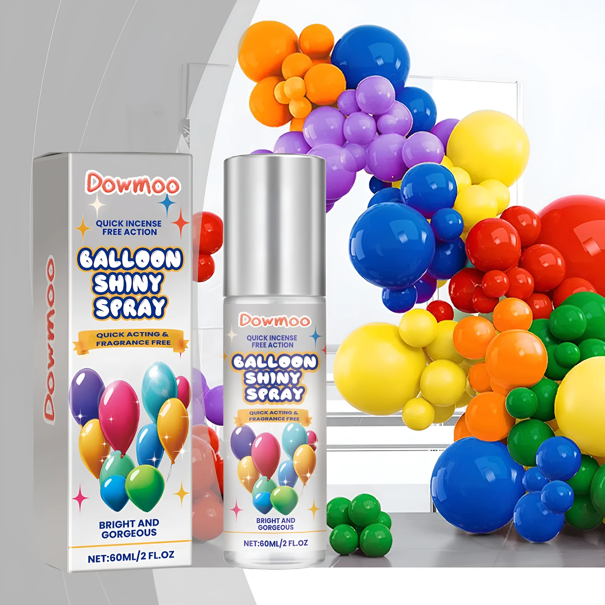 60ml bottle of Rubber Balloons Shiny Spray with non-oxidation formula for enhanced gloss on balloons