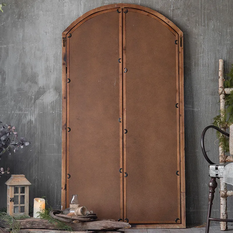 Distressed log colour wooden frame wall mirror with fake window design for terrace decoration