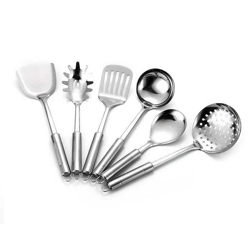 6-piece 201 stainless steel kitchenware set with anti-scalding handles on a kitchen counter