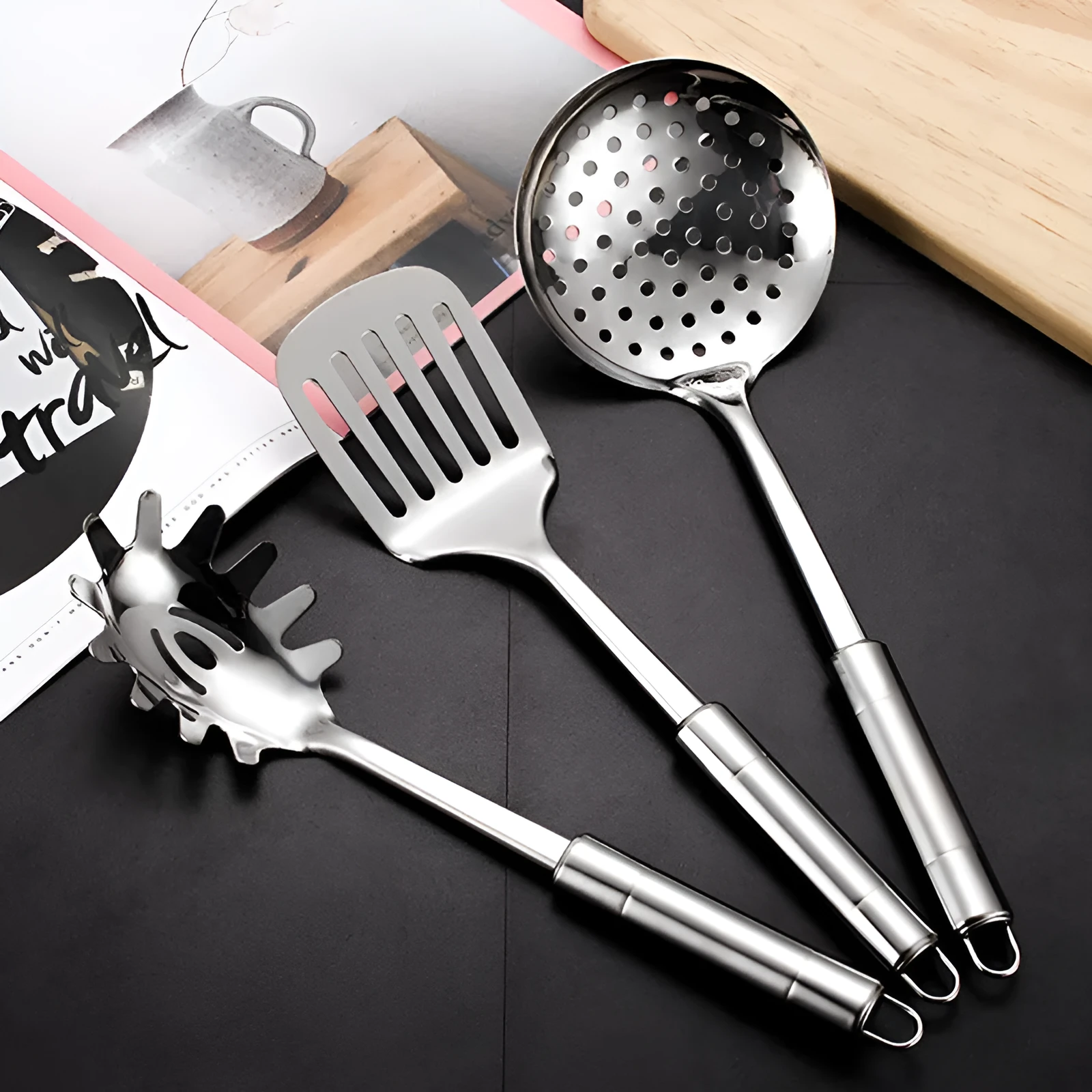 6-piece 201 stainless steel kitchenware set with anti-scalding handles on a kitchen counter