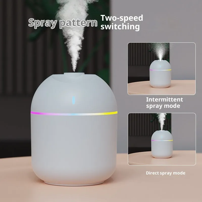 USB desktop humidifier with large spray, mute operation, and colour light in green plastic body