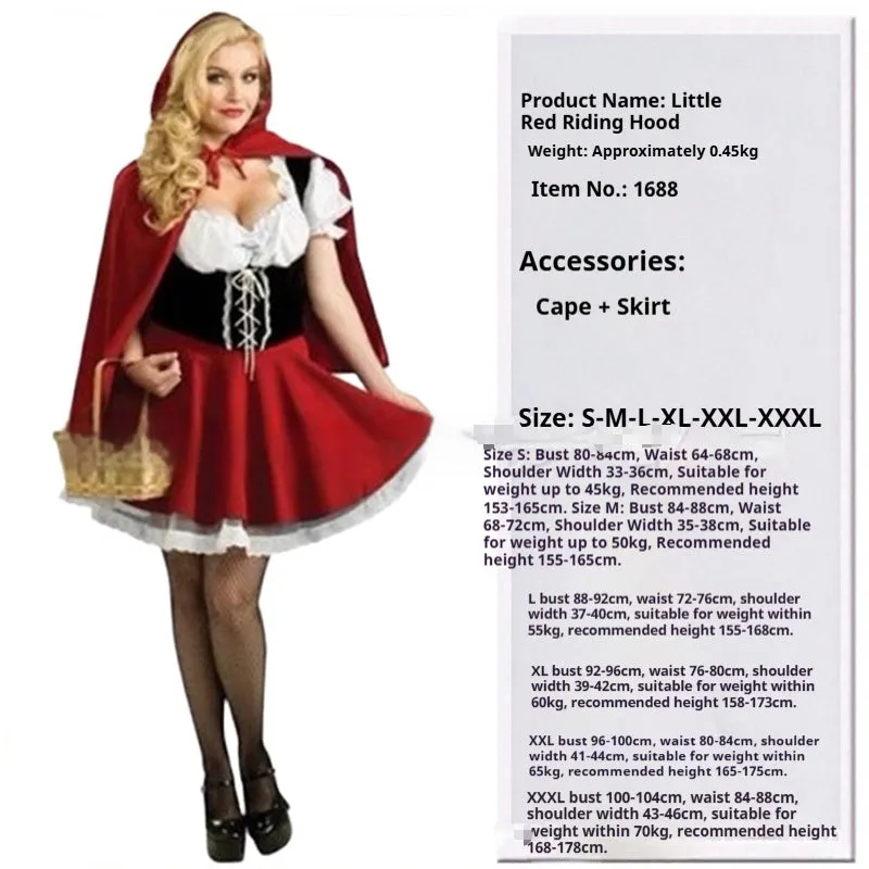 Little Red Riding Hood costume set with dress, shawl, and gloves on a woman standing in a forest scene