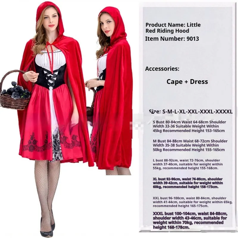 Little Red Riding Hood costume set with dress, shawl, and gloves on a woman standing in a forest scene