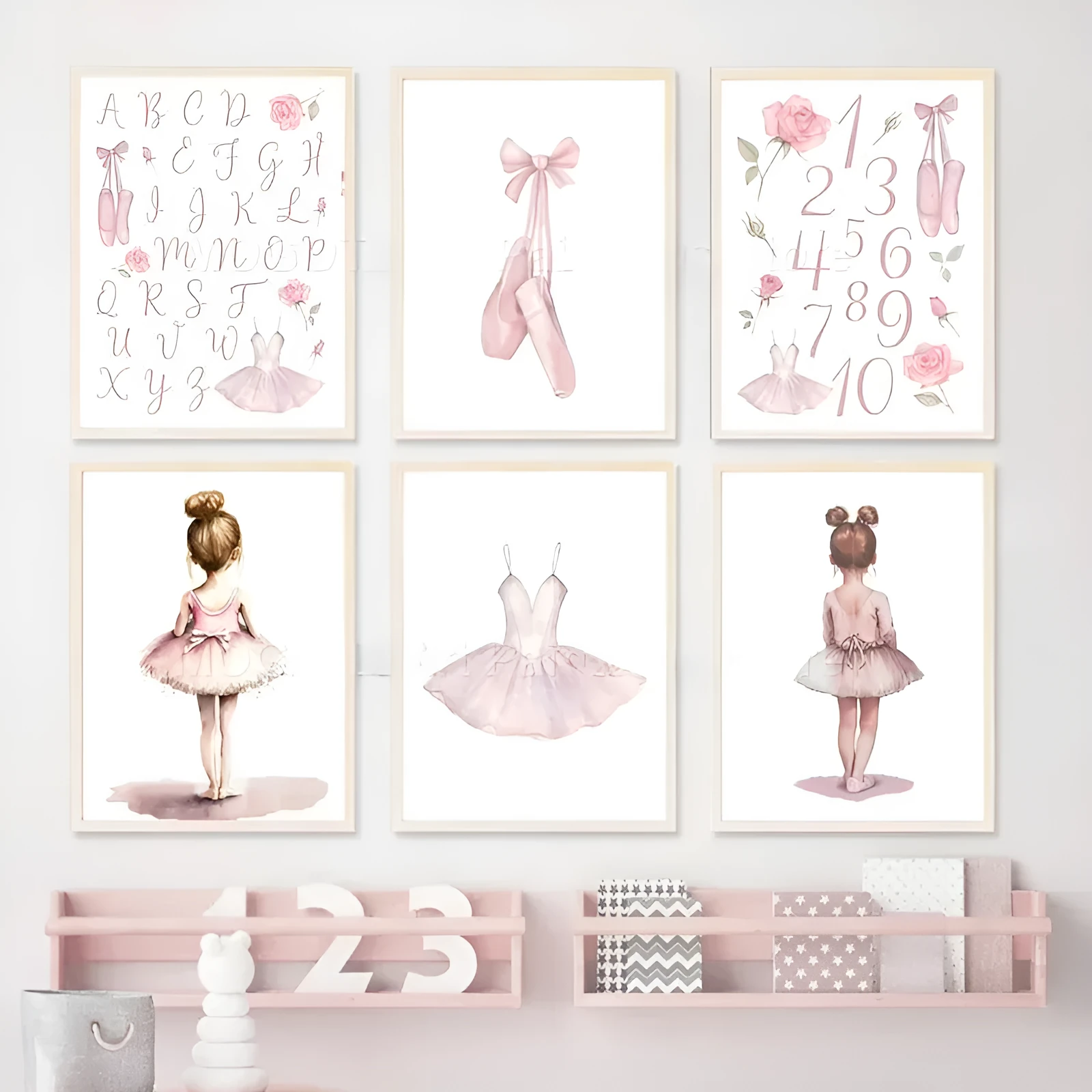 Ballet alphanumeric children's room canvas painting in frameless Nordic style, 13x18cm size
