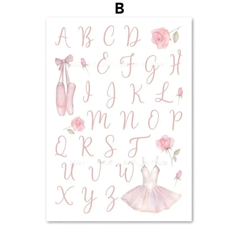 Ballet alphanumeric children's room canvas painting in frameless Nordic style, 13x18cm size