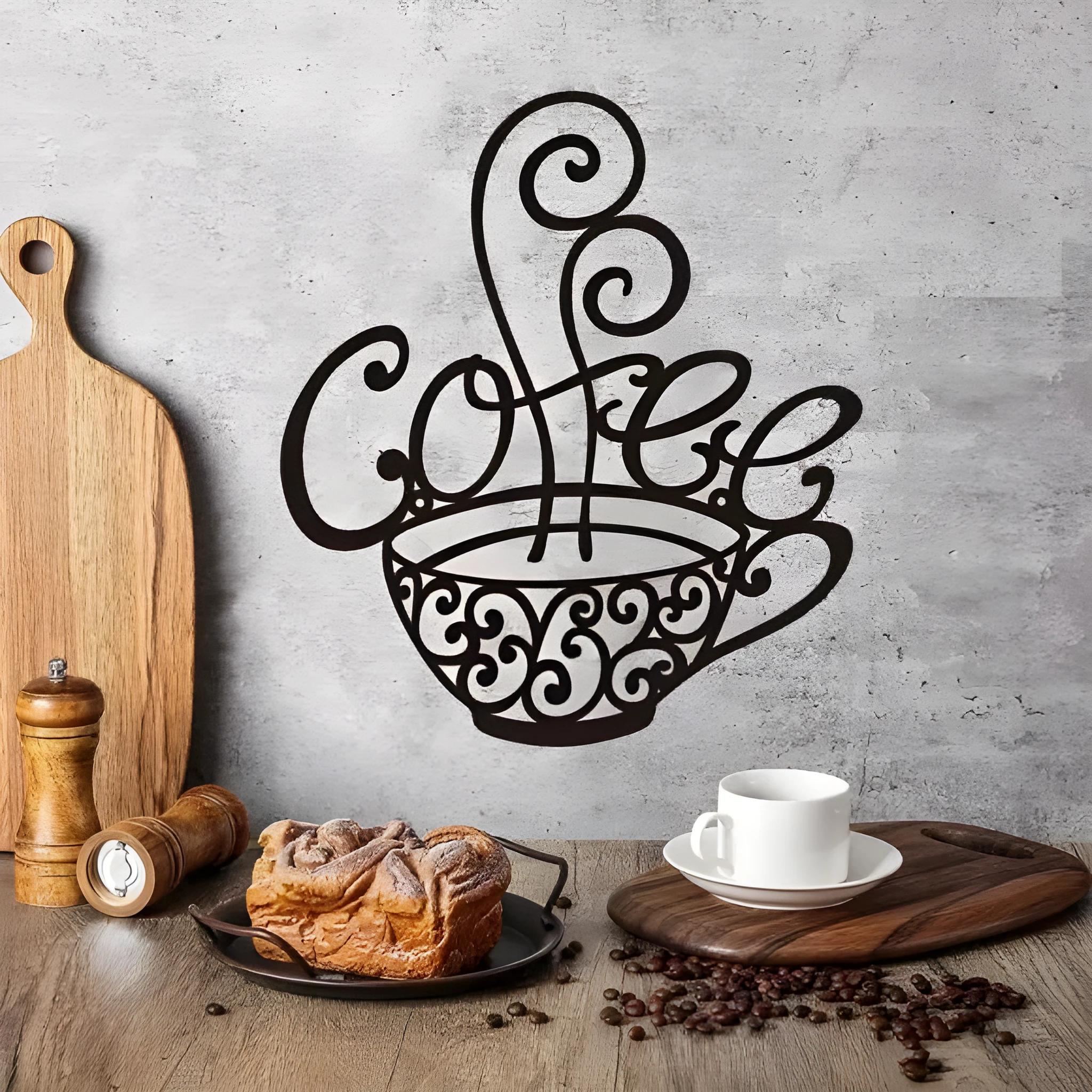 Black wrought iron wall decoration with English letters silhouette design measuring 26×28cm