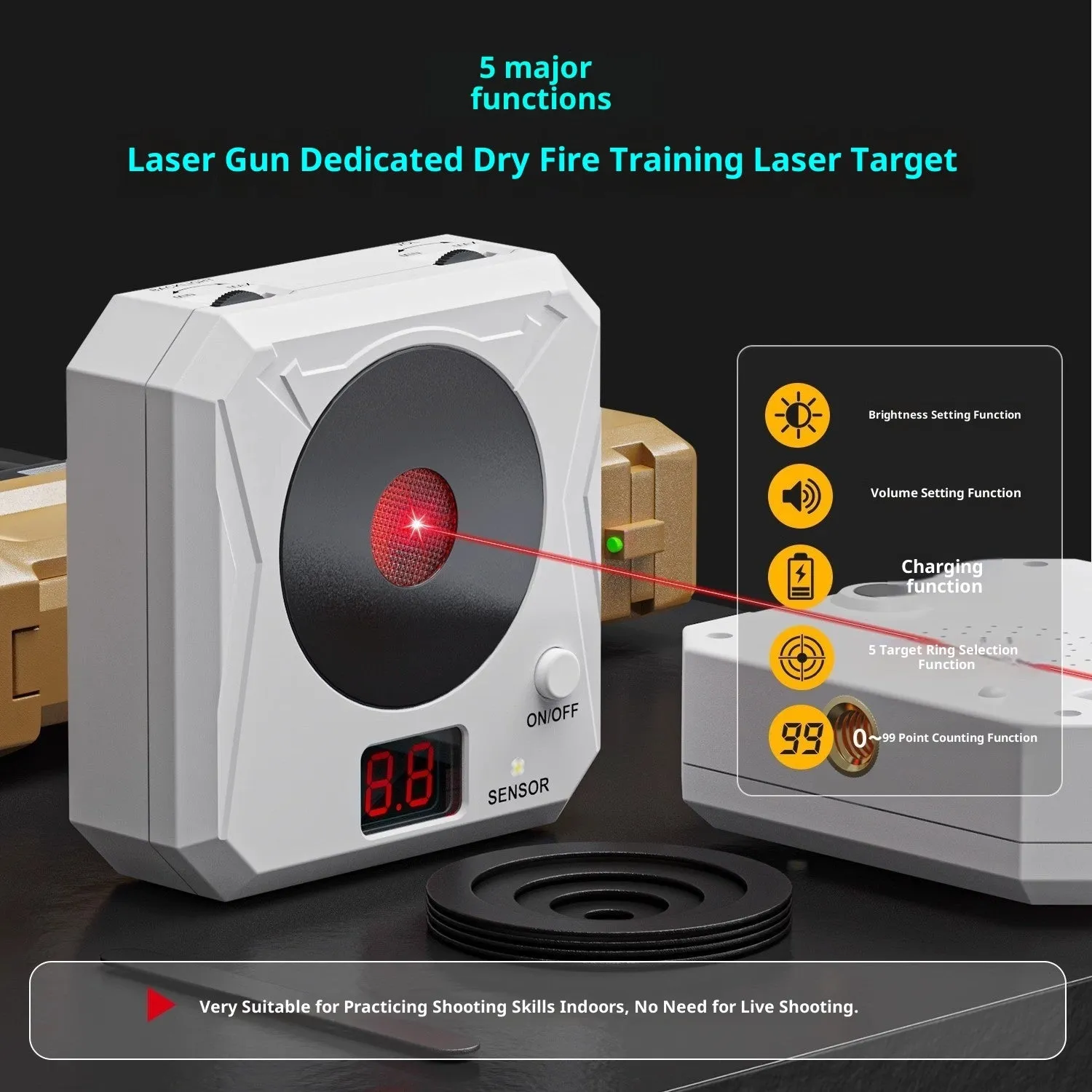 Laser target dry fire training system with infrared counting electronic target on magnetic plate with replaceable rings