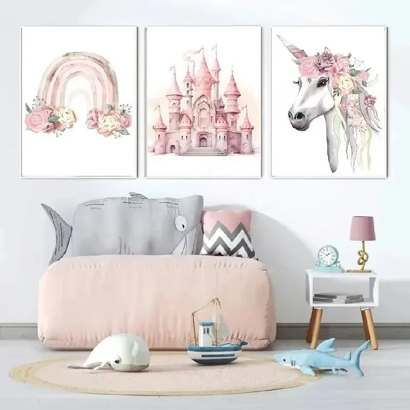 Rainbow castle crown canvas wall painting frameless decor in Nordic style with pattern and size options