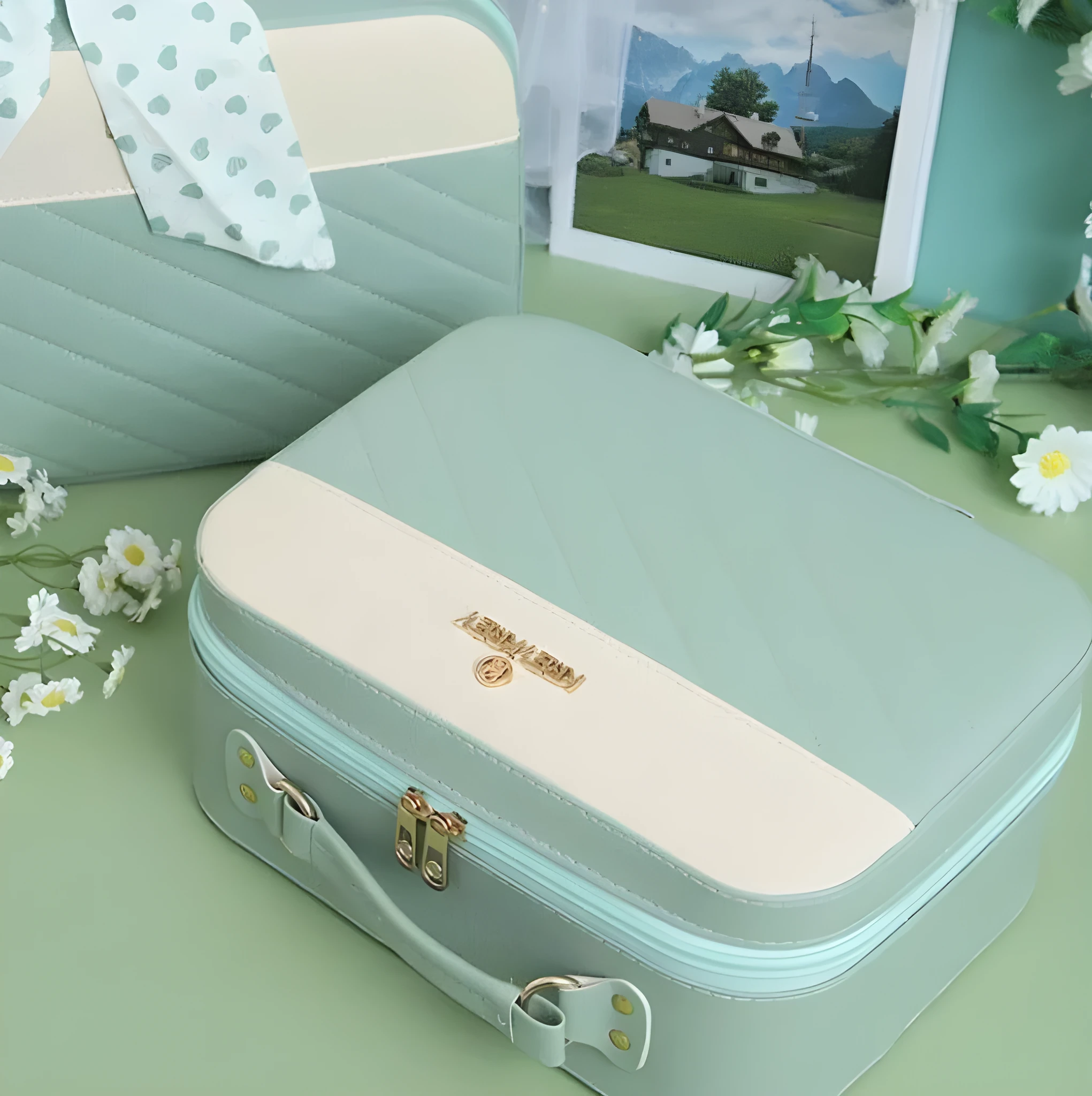 Green leather blind box luggage in business style, set of one piece for kids