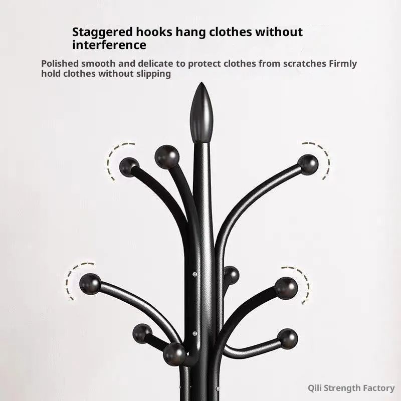Floor-standing metal coat rack in Black with vertical multiple hooks for bedroom or hallway use