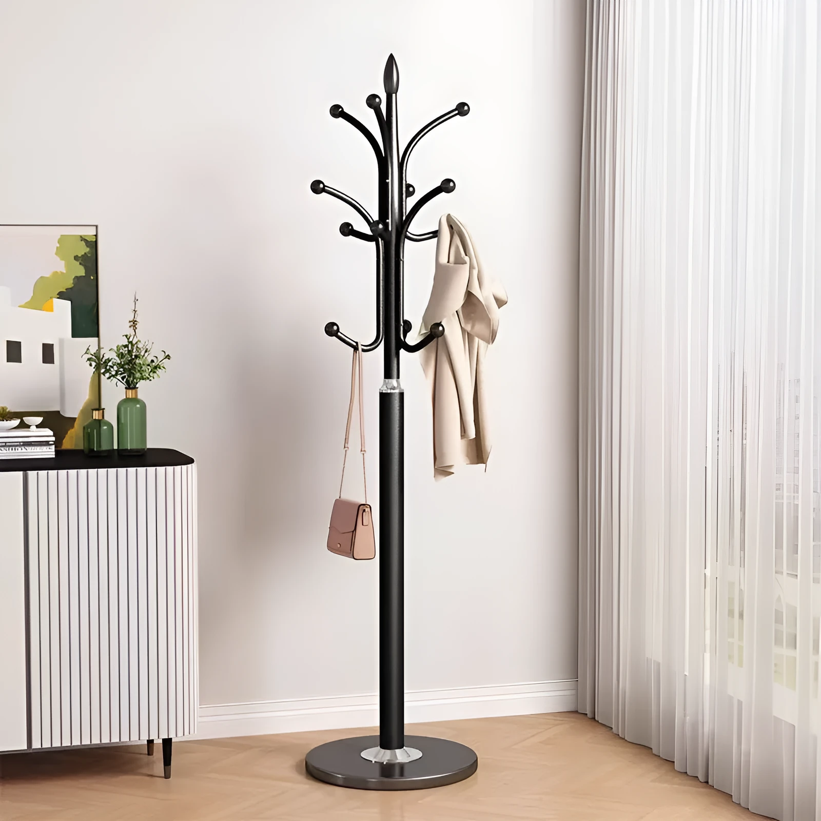 Floor-standing metal coat rack in Black with vertical multiple hooks for bedroom or hallway use