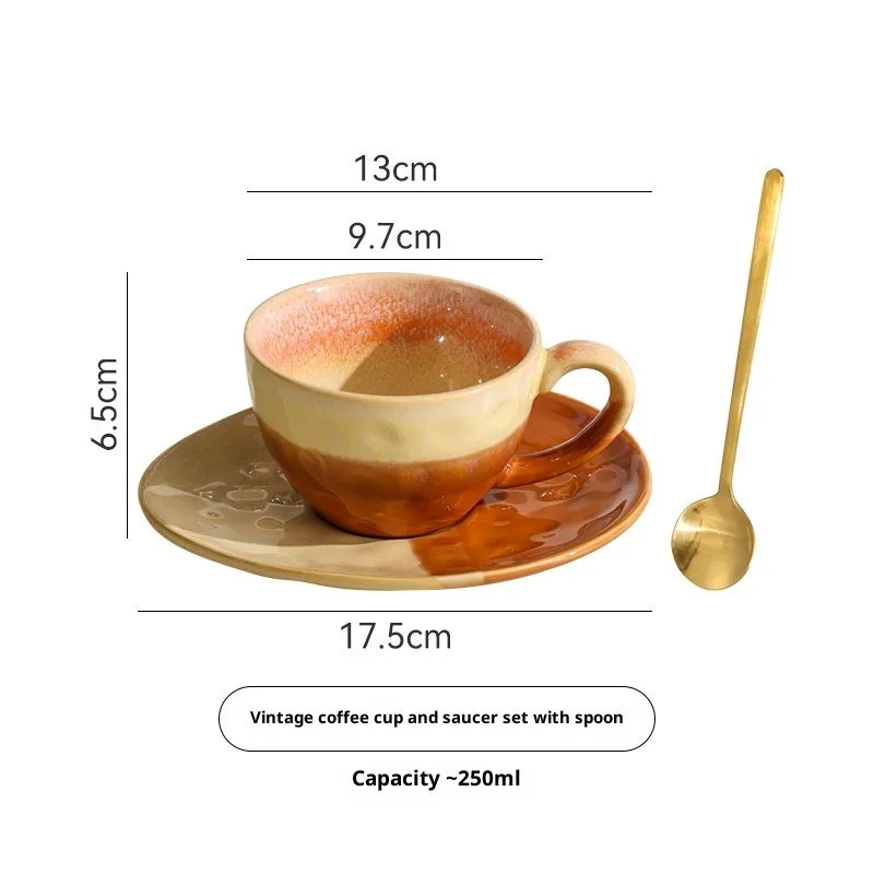 Ceramic kiln-fired retro embossed milk coffee cup, water ripple surface, 300ml, orange colour, small size