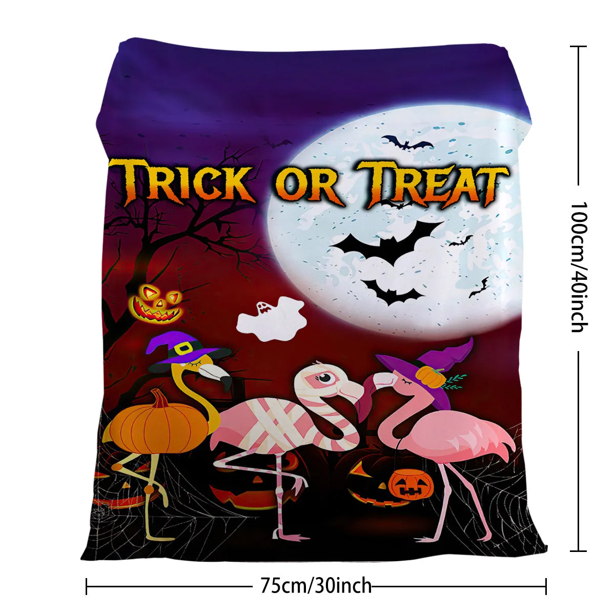 Purple flannel throw blanket with Halloween flamingo print, soft velvet texture, hemmed edges, available in multiple sizes