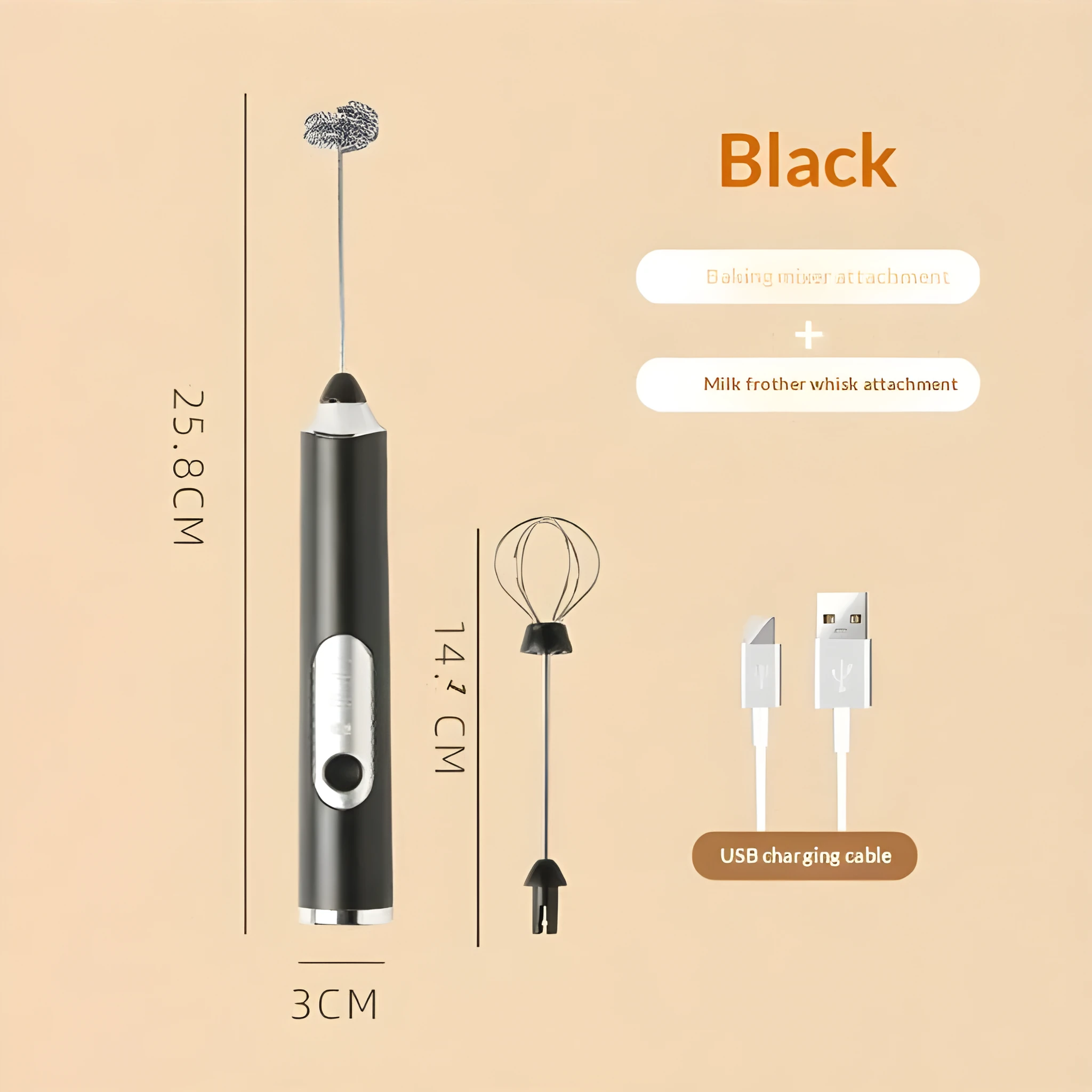 Electric coffee frother in Phantom Night Black with two frothing heads and cordless handheld design