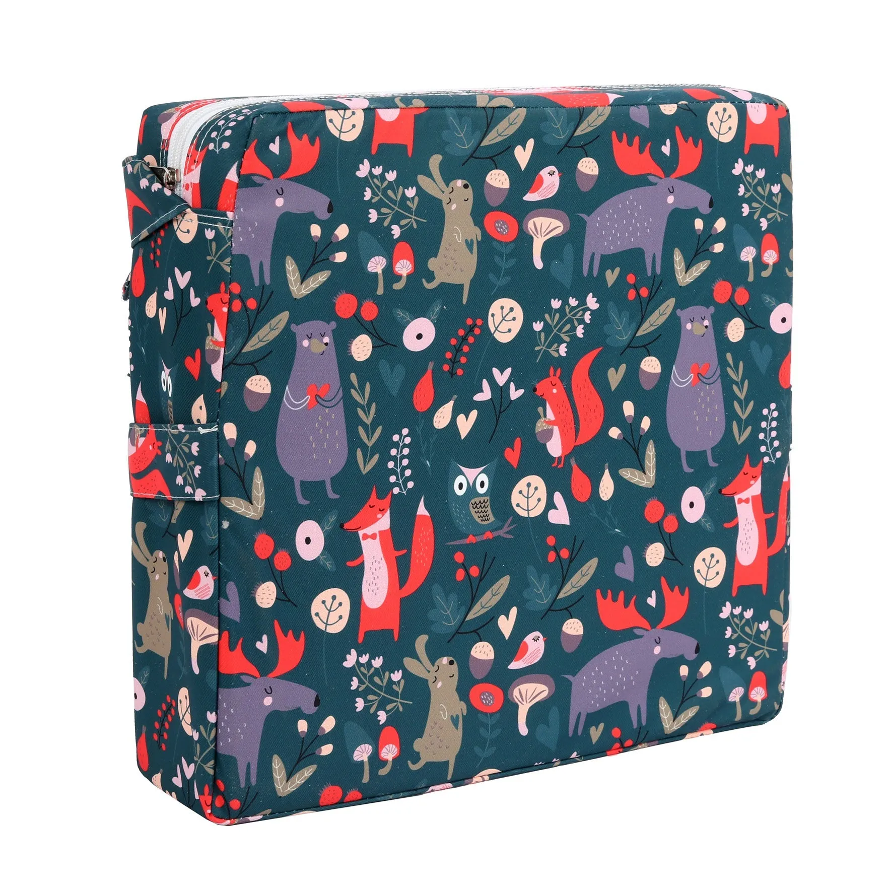 Children's portable dining chair booster seat with Happy Animals dark green background and seat cushion