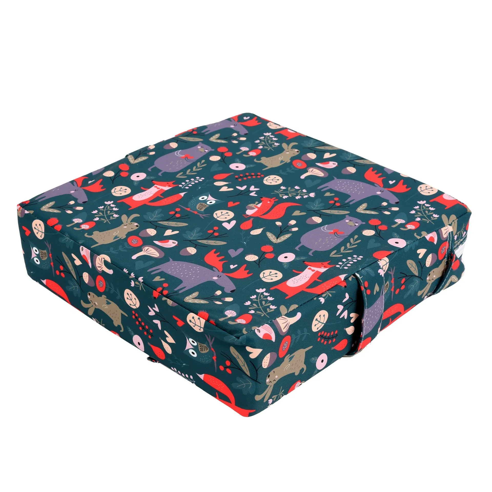 Children's portable dining chair booster seat with Happy Animals dark green background and seat cushion