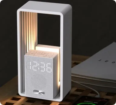 Sunrise wake-up alarm clock with white noise and night light, wood grain shell, geometric design, 110x74x217mm