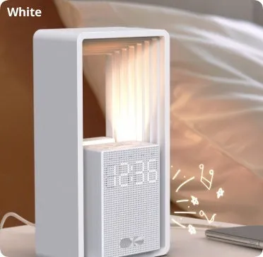 Sunrise wake-up alarm clock with white noise and night light, wood grain shell, geometric design, 110x74x217mm