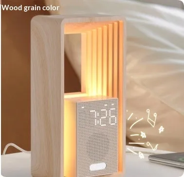 Sunrise wake-up alarm clock with white noise and night light, wood grain shell, geometric design, 110x74x217mm