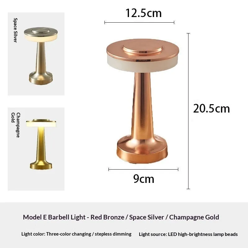LED dumbbell creative night light with modern minimalist design in gold, silver, and red copper finishes, acrylic style