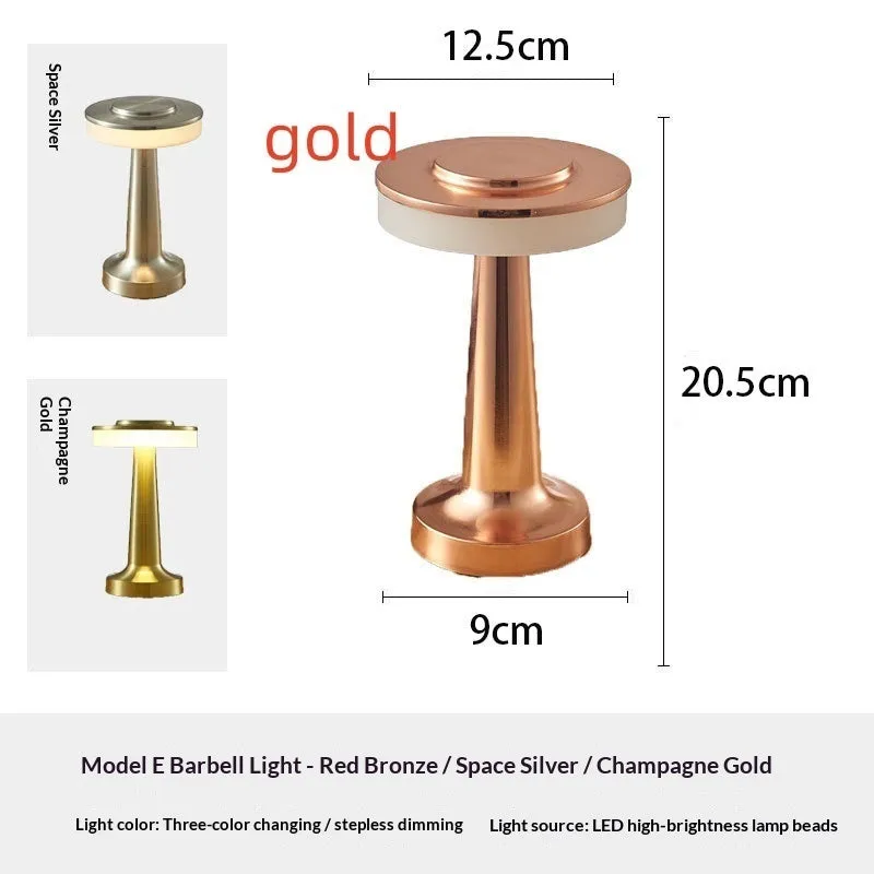 LED dumbbell creative night light with modern minimalist design in gold, silver, and red copper finishes, acrylic style