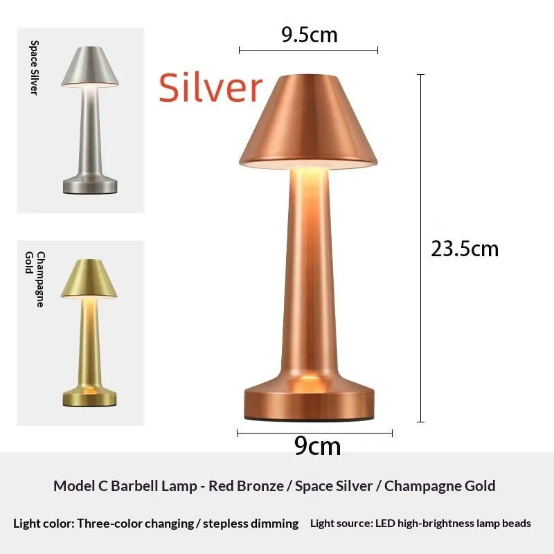 LED dumbbell creative night light with modern minimalist design in gold, silver, and red copper finishes, acrylic style