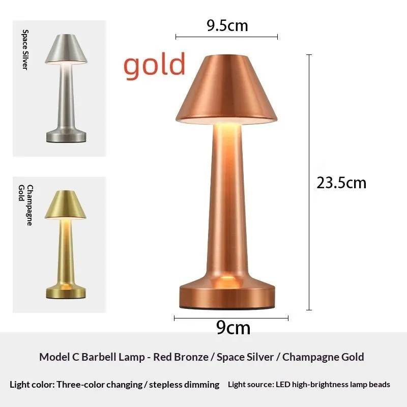 LED dumbbell creative night light with modern minimalist design in gold, silver, and red copper finishes, acrylic style
